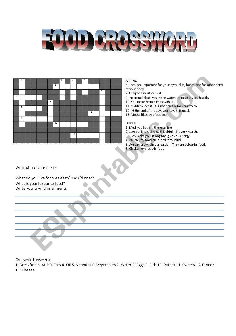 Food crossword elementary worksheet