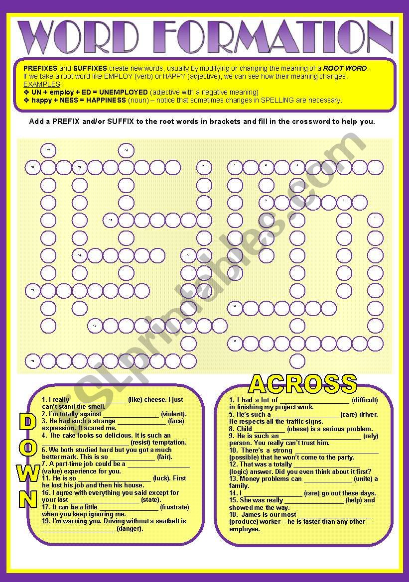 WORD FORMATION - PREFIXES & SUFFIXES + key