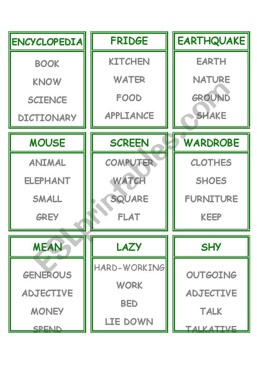 Taboo worksheet