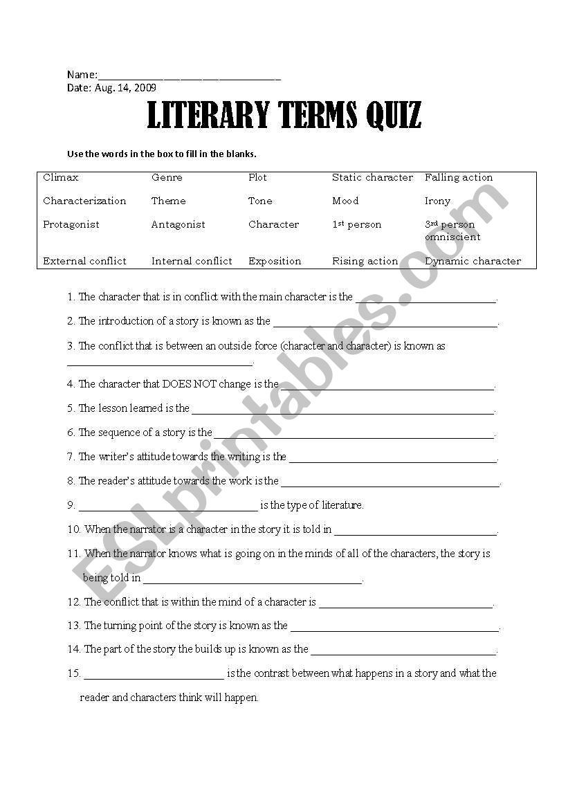 Literary Terms Quiz worksheet