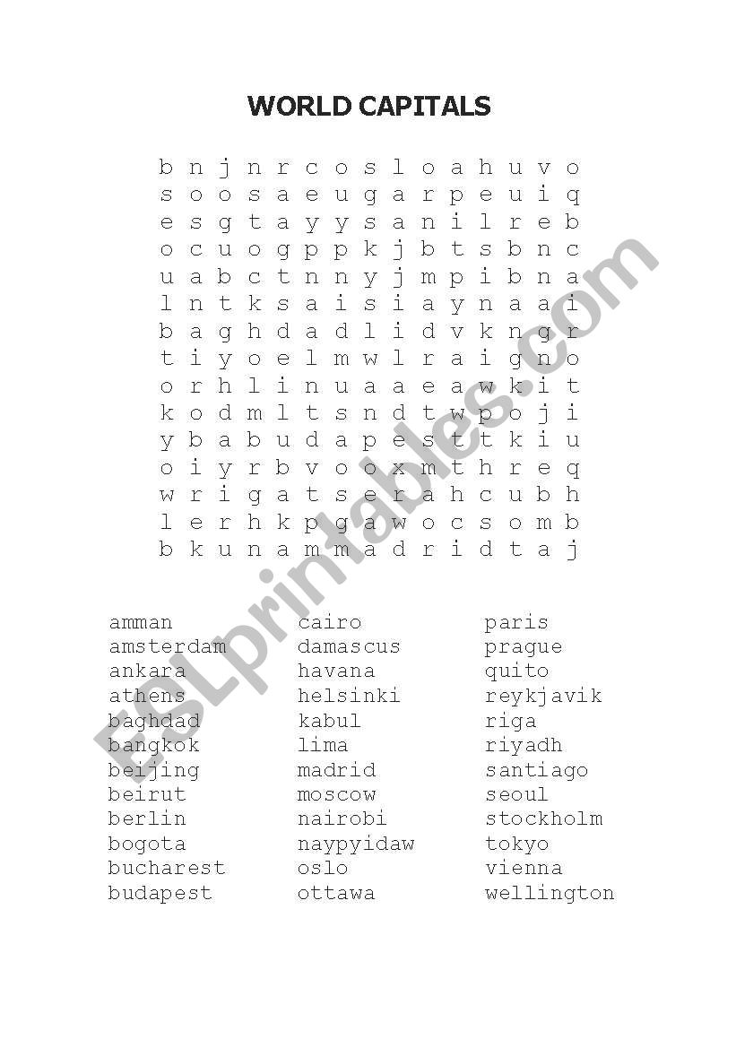 WORLD CAPITALS WORD SEARCH PUZZLE