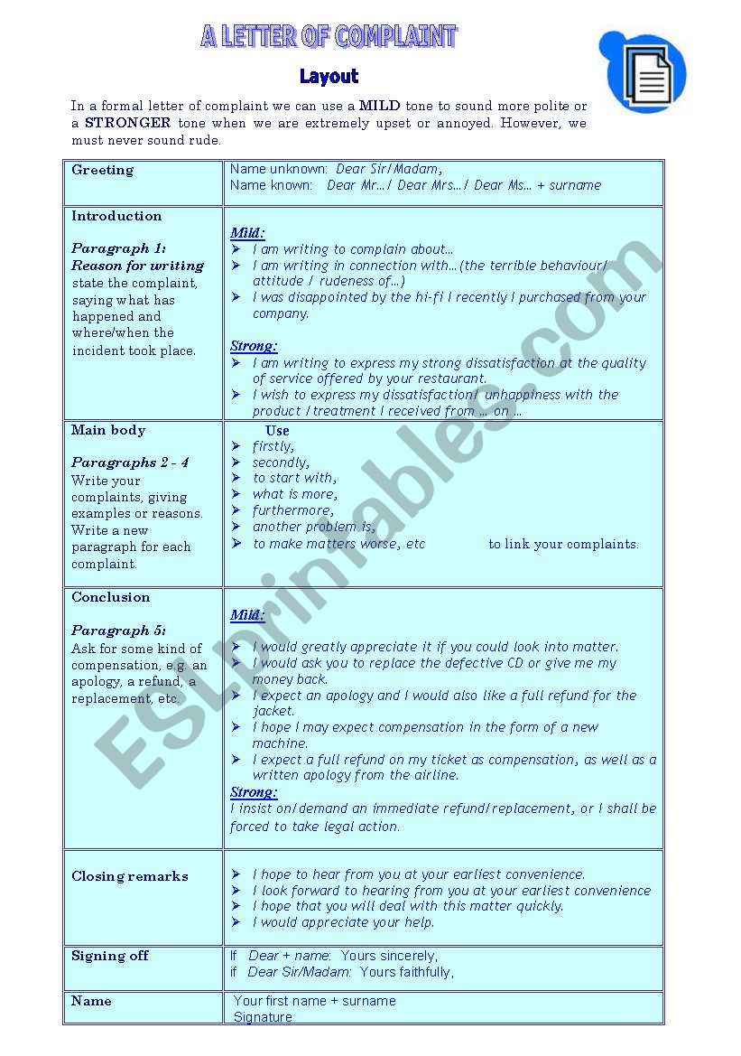 Letter of complaint worksheet