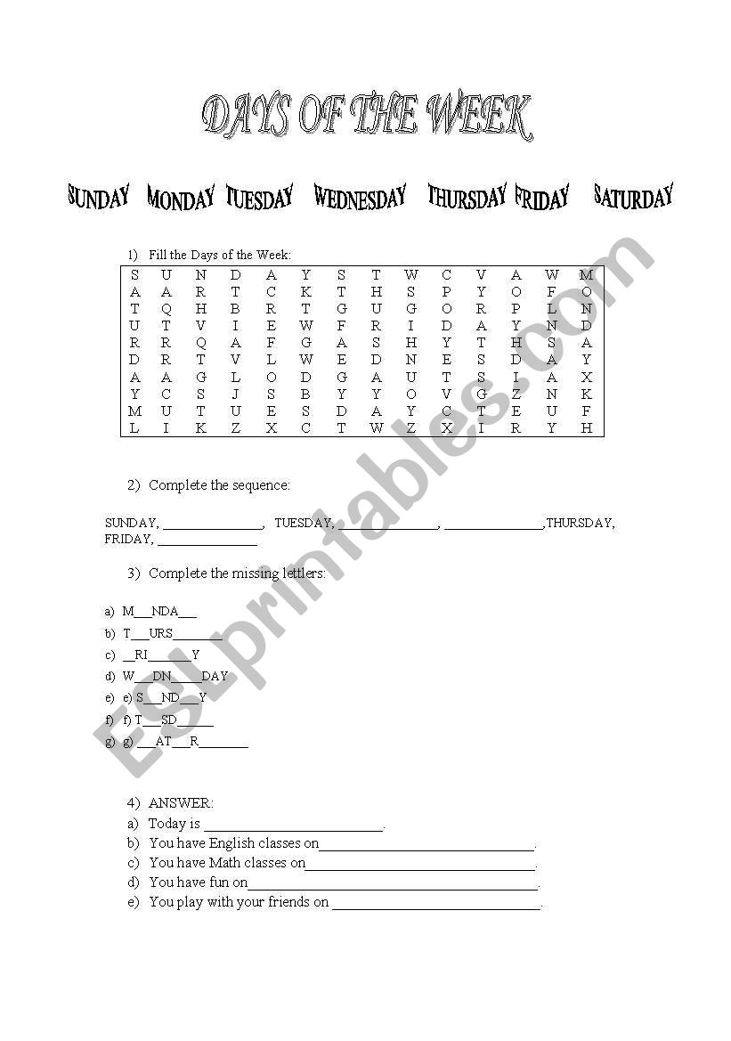 Days of the week worksheet