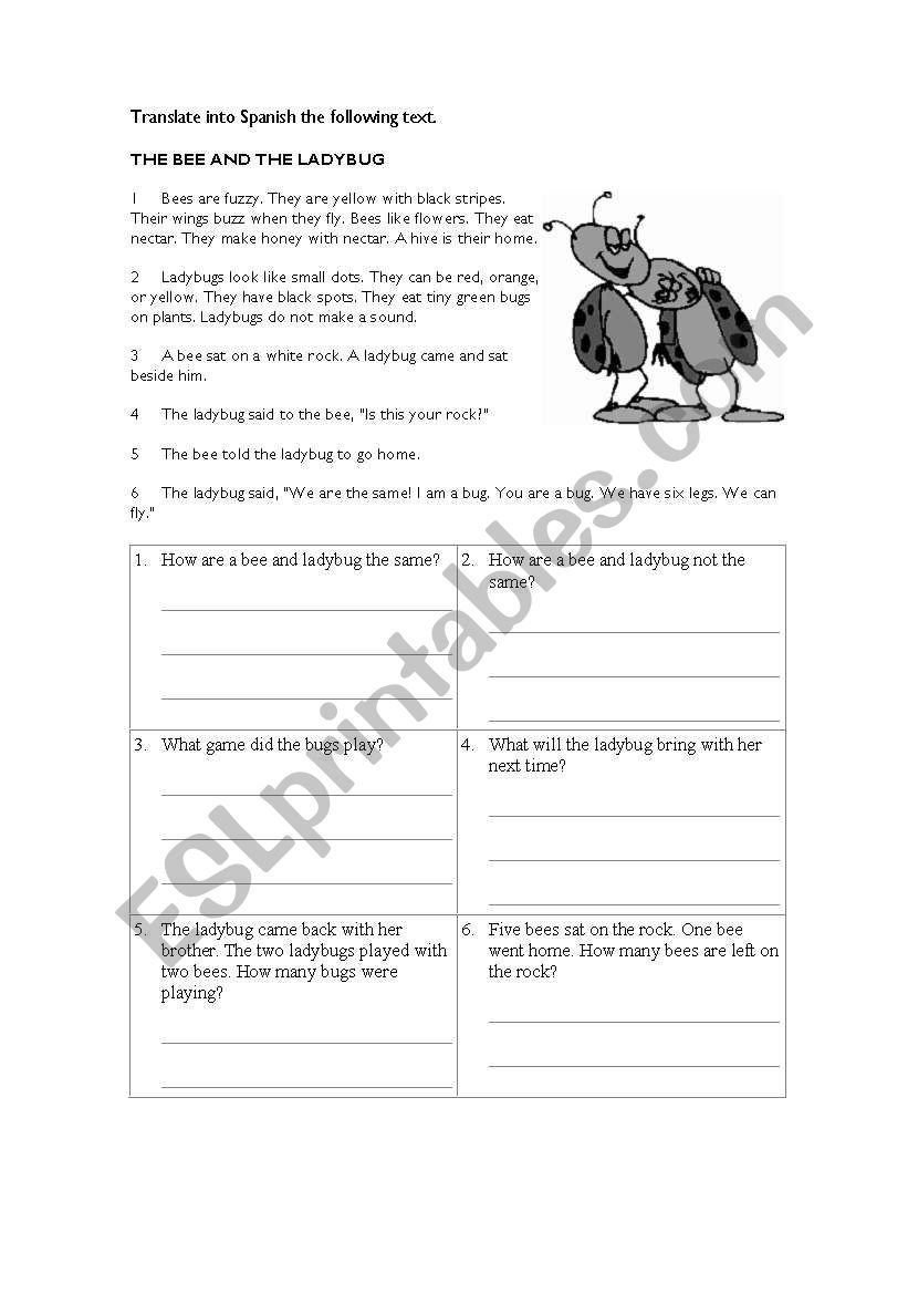 THE BEE AND THE LADYBUG worksheet