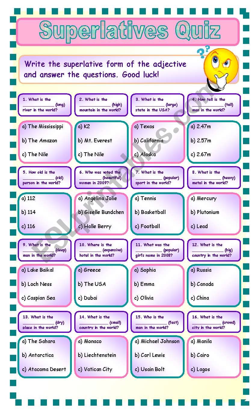 Superlatives Quiz (B/W version + Key included)