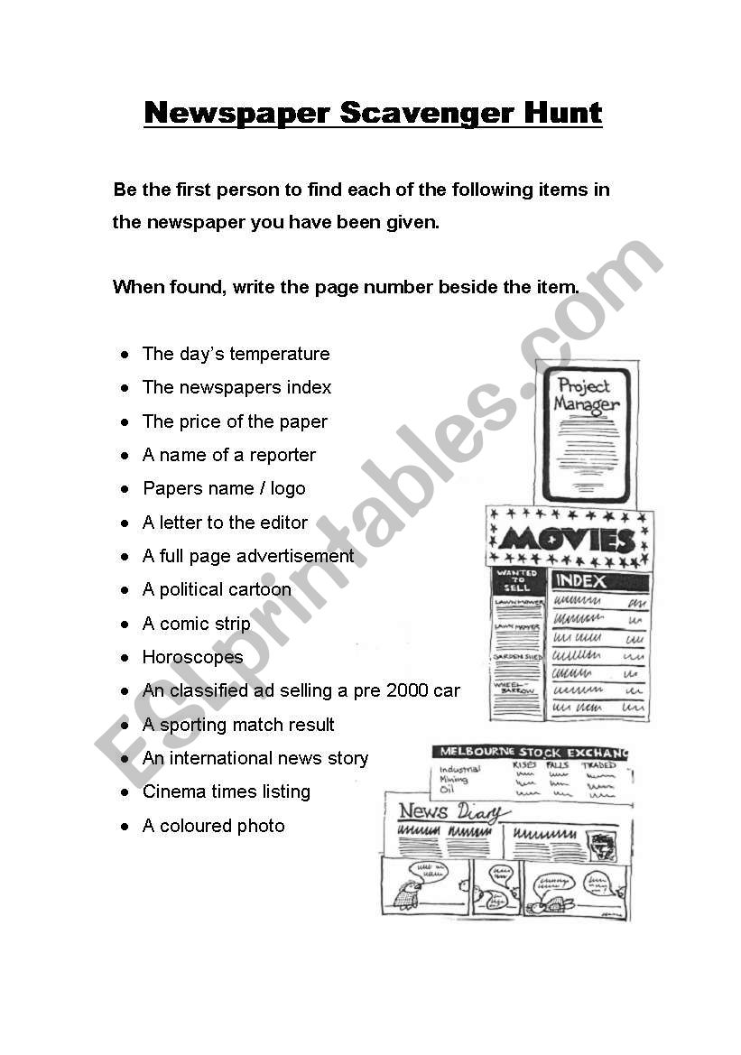Newspaper Scavenger Hunt worksheet