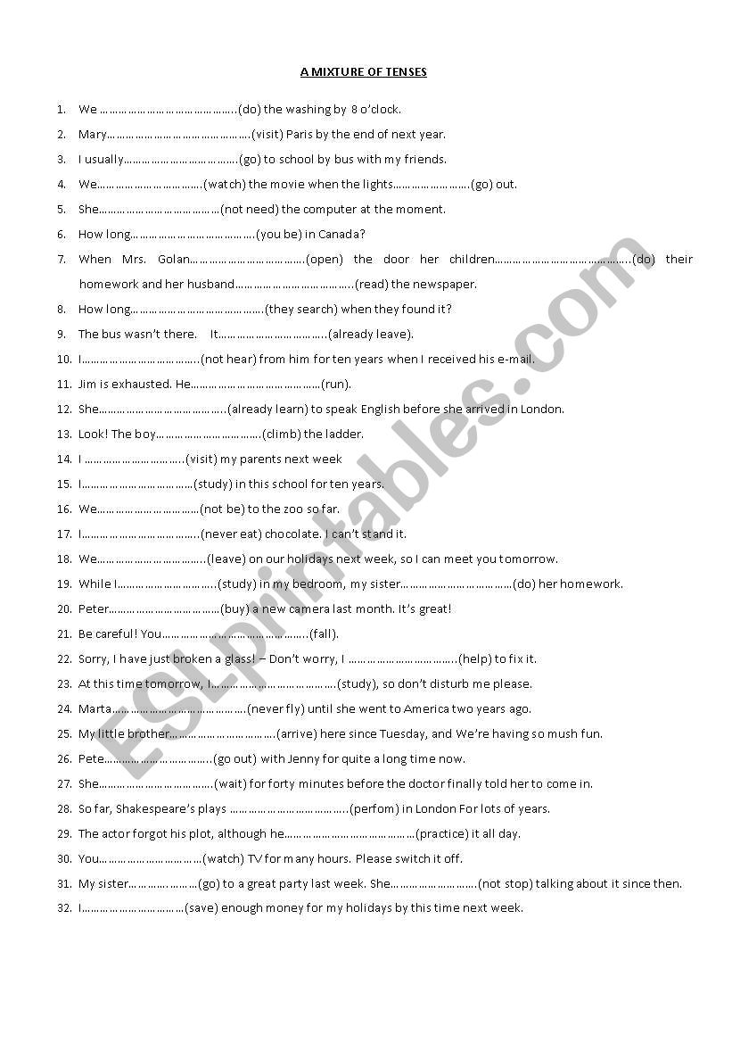 Mixture of verb tenses worksheet