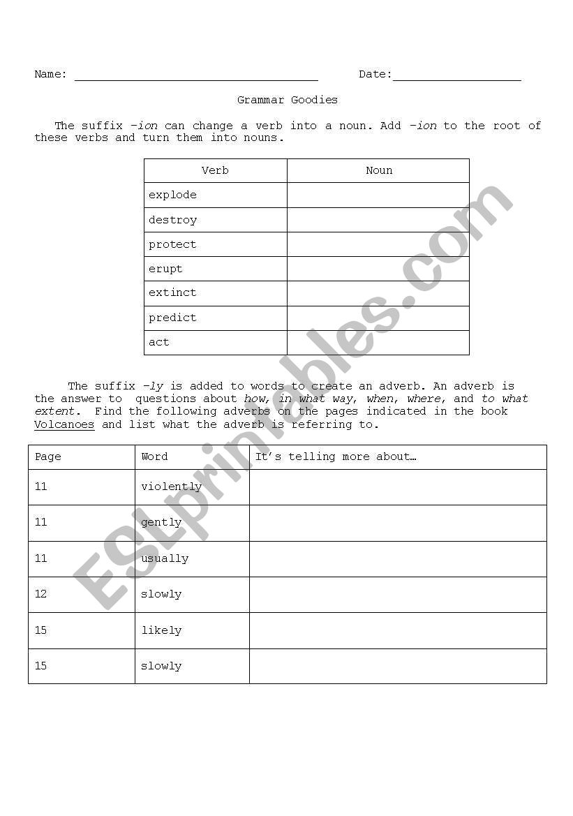 -ly and -ion Worksheet for Volcanoes book