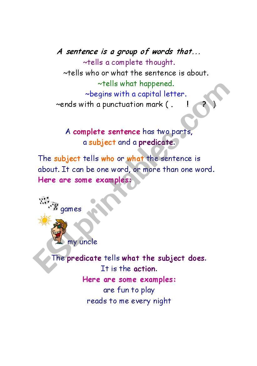 Different parts of a sentence worksheet