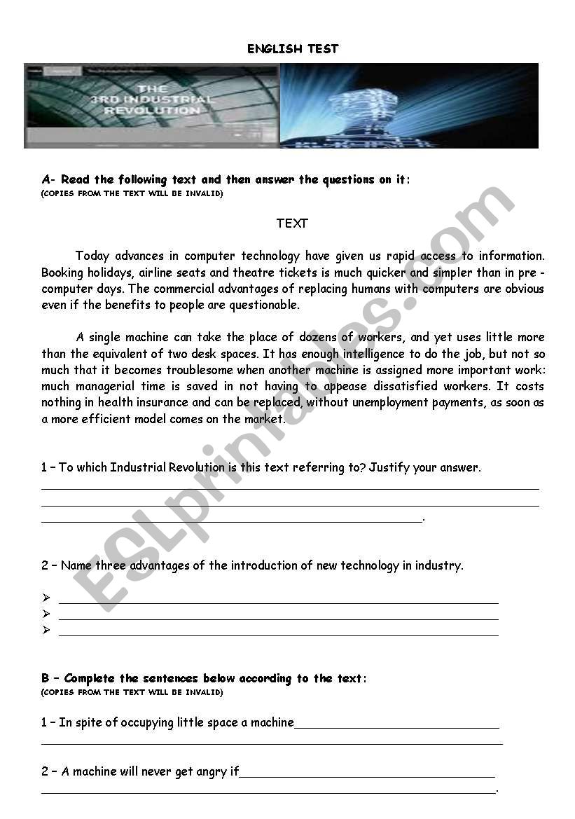 Computers and robots worksheet