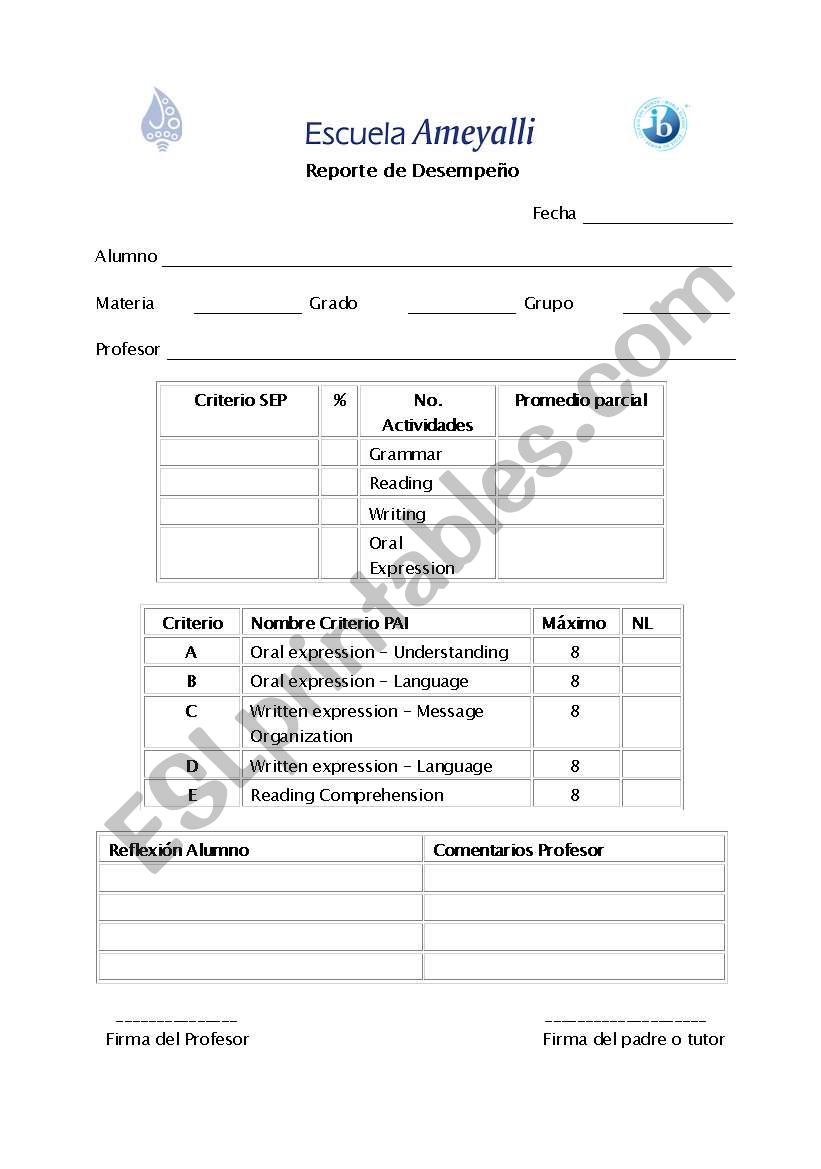 Reporte de desempeo worksheet