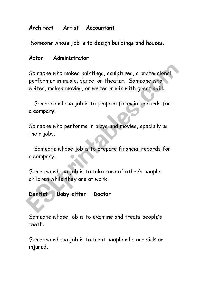 jobs definitons worksheet