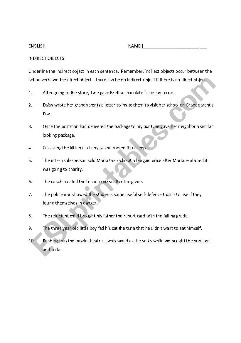 Indirect Object Worksheet worksheet