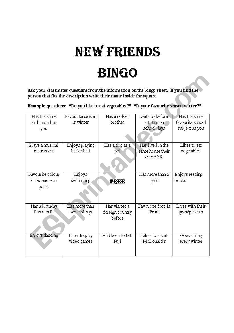 New friends bingo worksheet