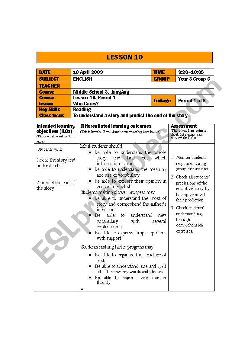 lesson plan for reading worksheet