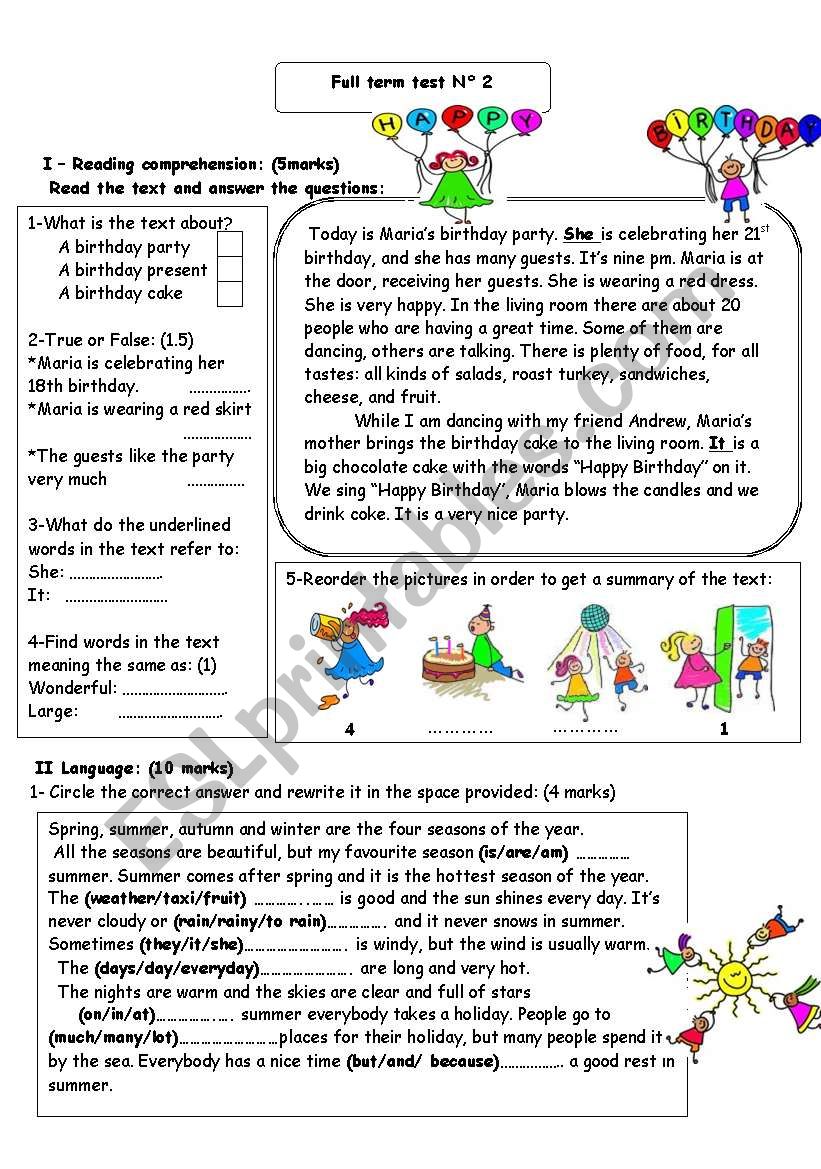 7th form test worksheet