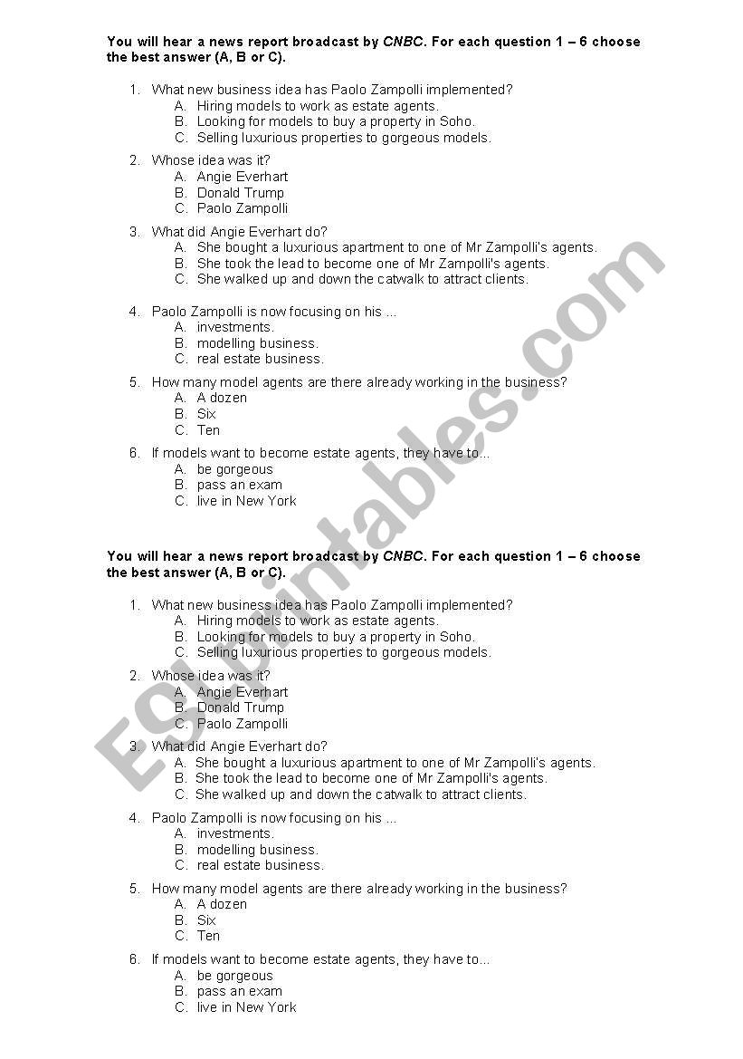 Models as real estage agents worksheet