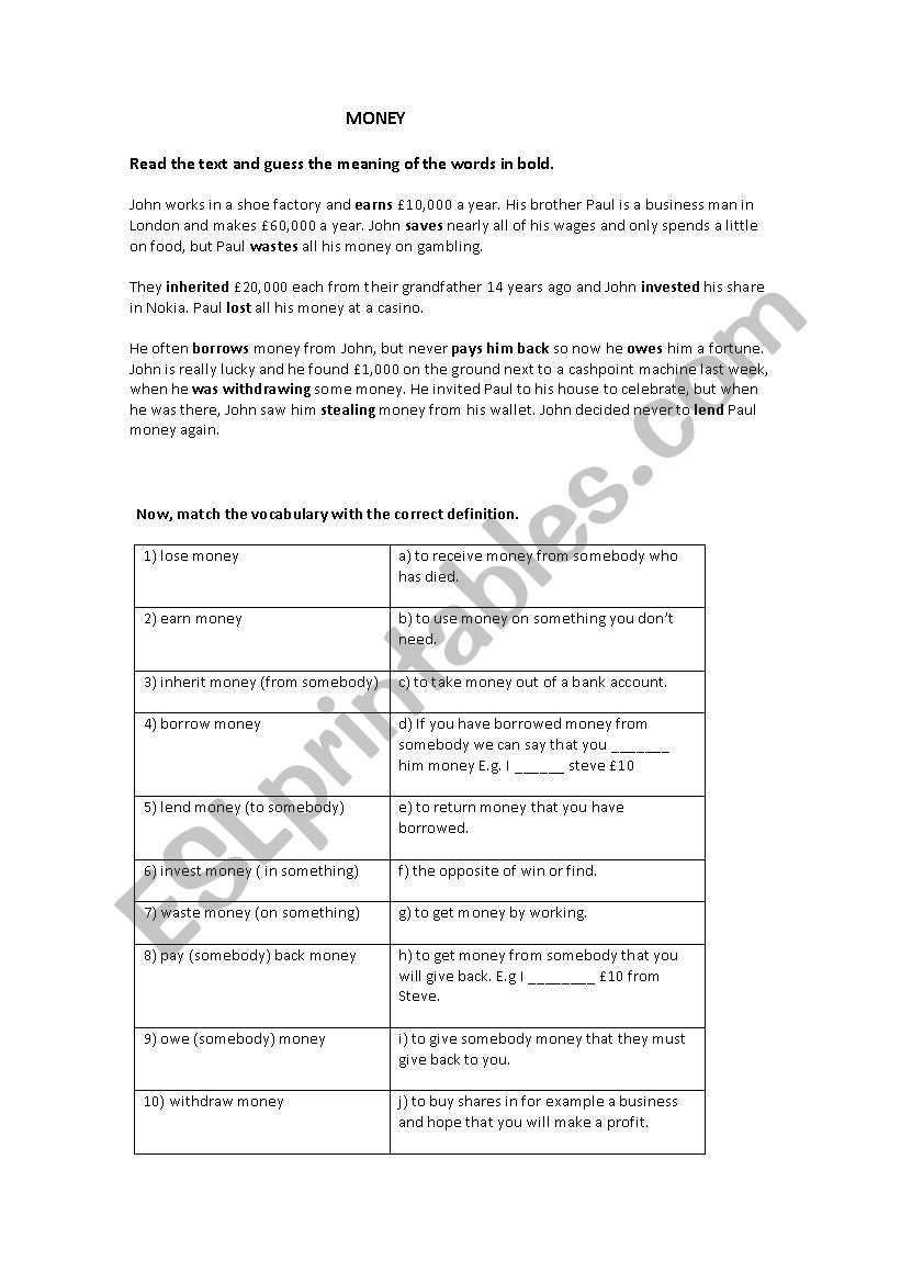 BUSINESS VOCABULARY: MONEY worksheet