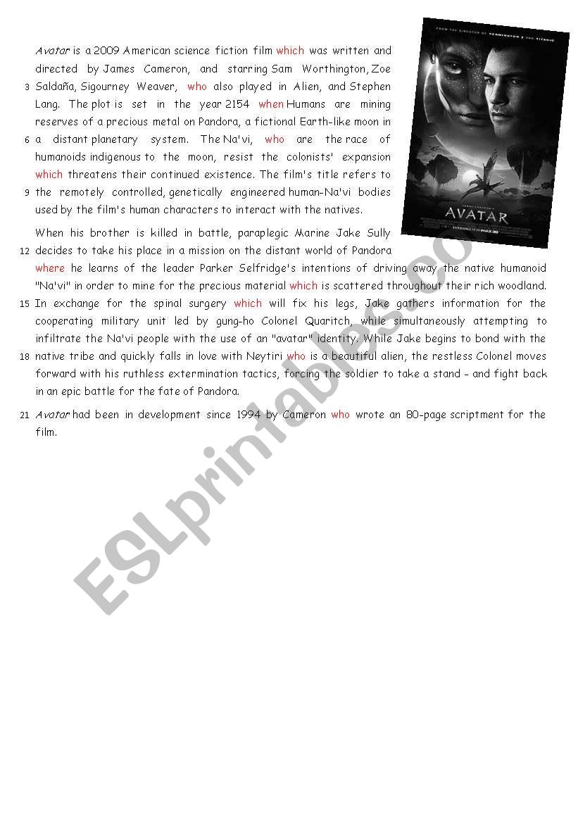 Avatar, teacherÂ´s notes worksheet