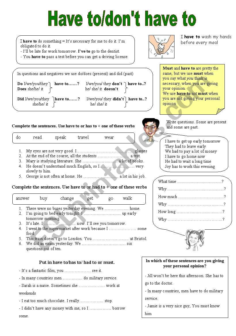 Have to/donīt have to worksheet Have to/donīt have to worksheet