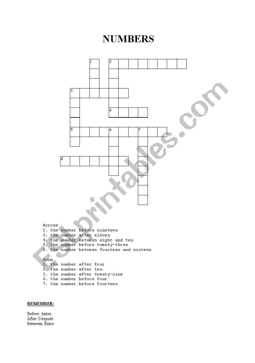 Numbers crossword worksheet