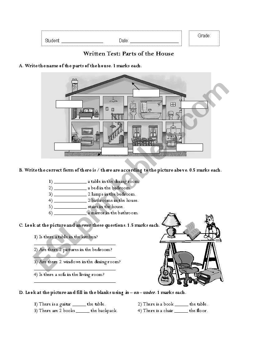 Parts of the house test worksheet