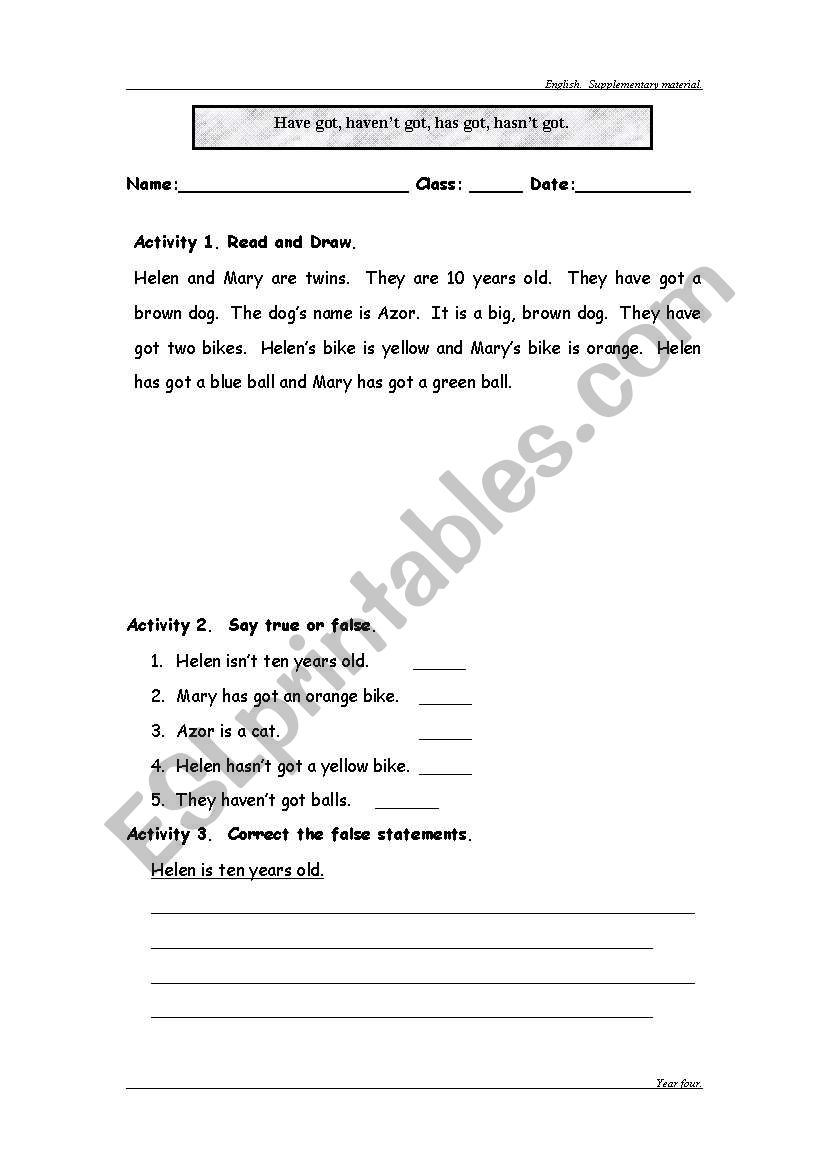 Have got - Has got worksheet