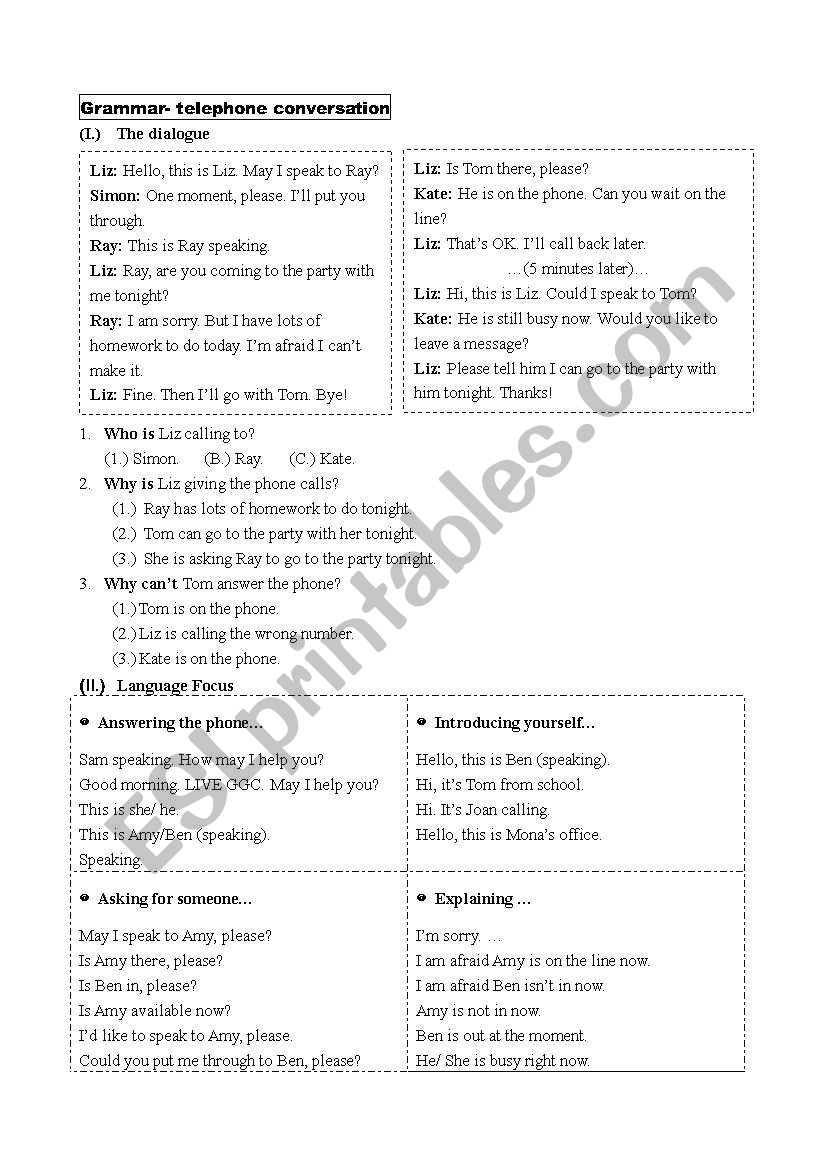 Telephone Conversation worksheet