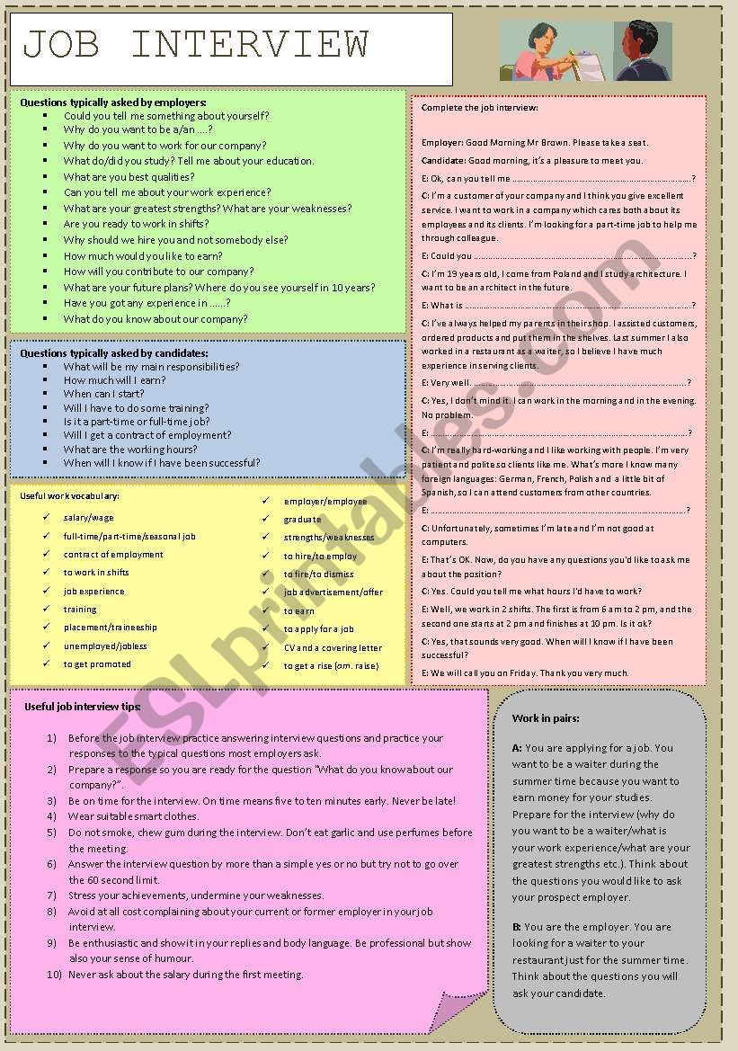 JOB INTERVIEW - vocabulary, tips, gaps filling and speaking (fully editable)