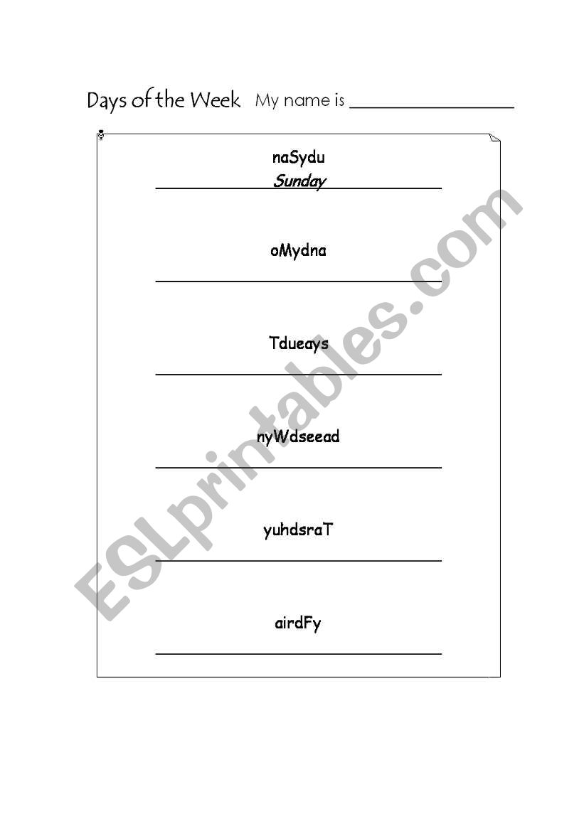 days of the week worksheet