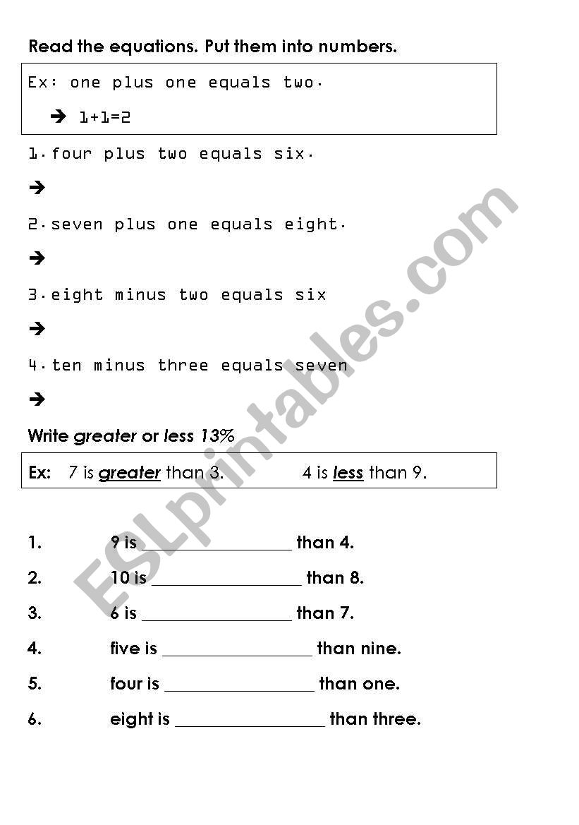 Math equations worksheet