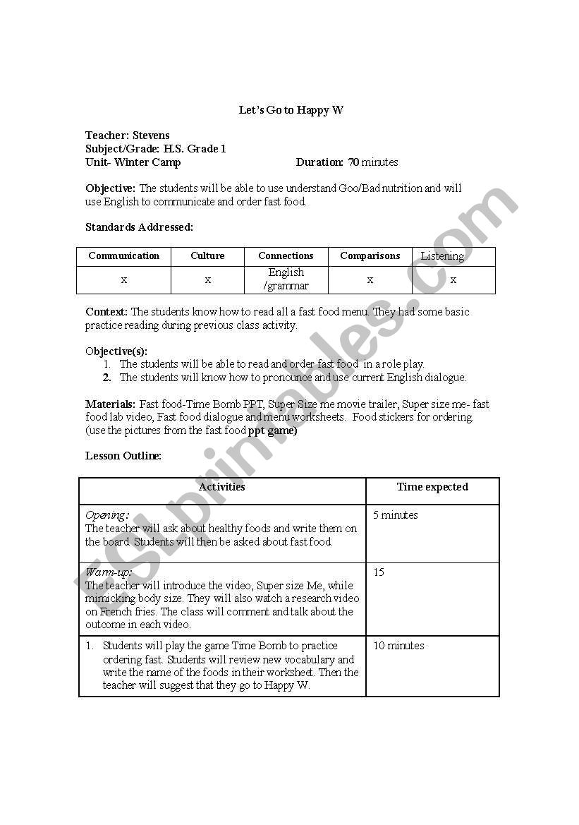 Fast Food-lesson plan worksheet
