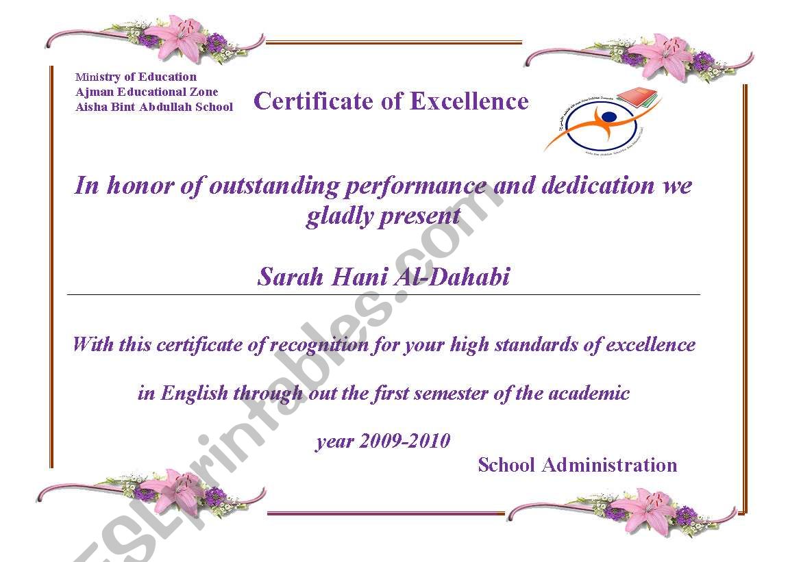 Certificate of Excellence worksheet