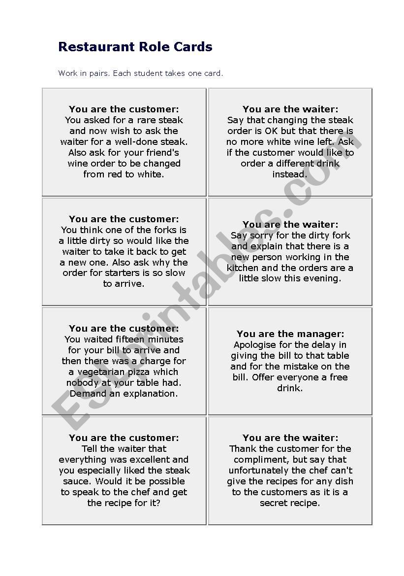 Restaurant role cards worksheet