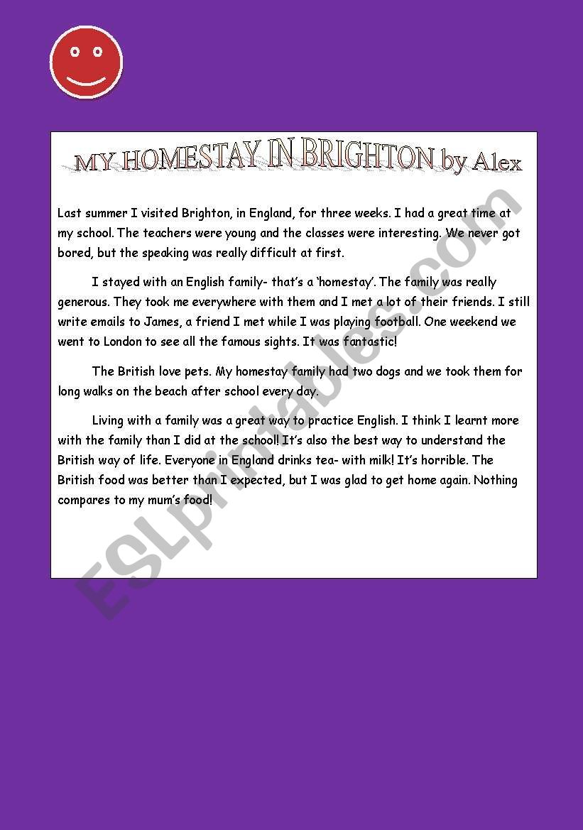 my homestay in Brighton worksheet
