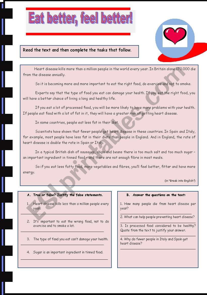 Reading Comprehension Worksheet on Healthy Eating