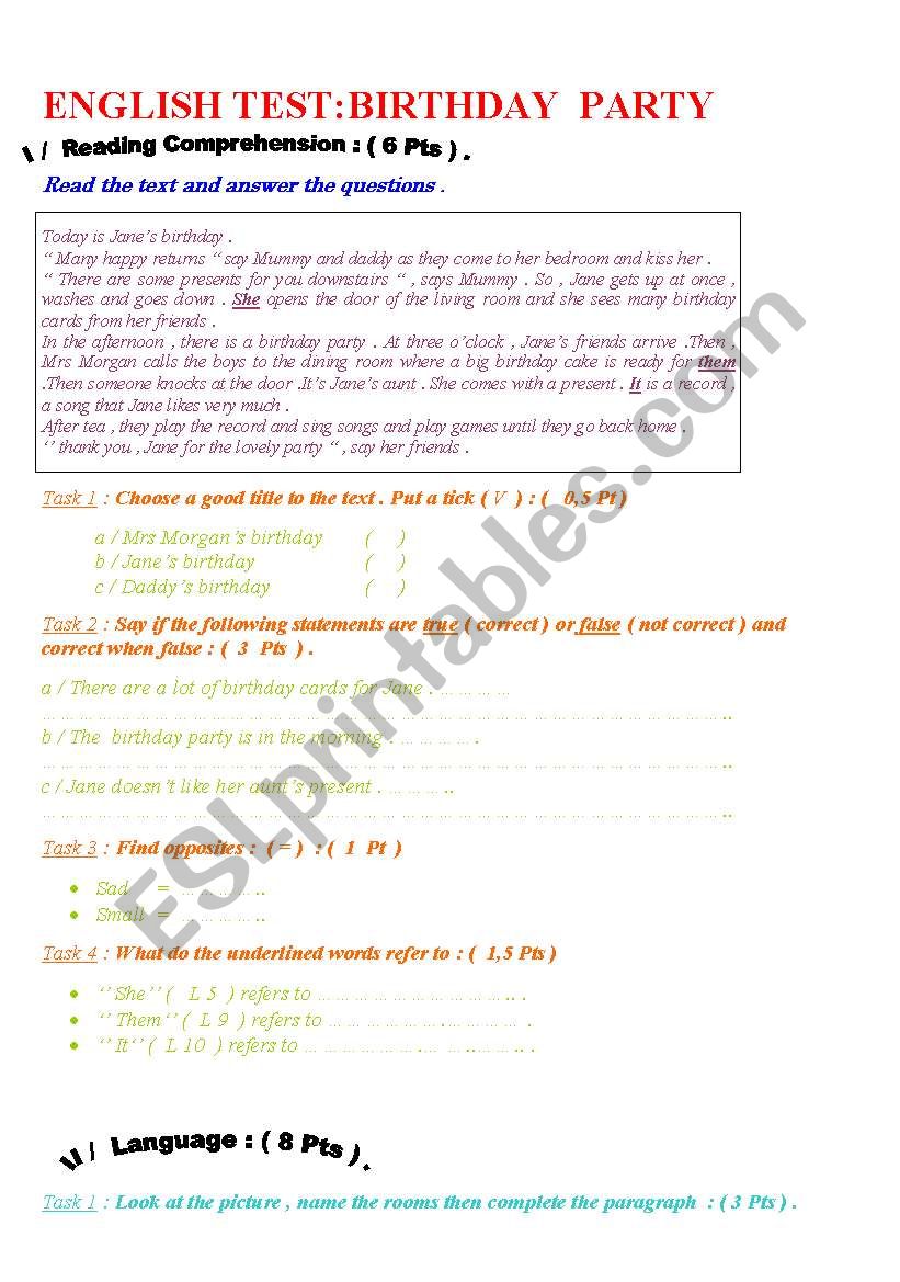 ENGLISH TEST:BIRTHDAY  PARTY worksheet