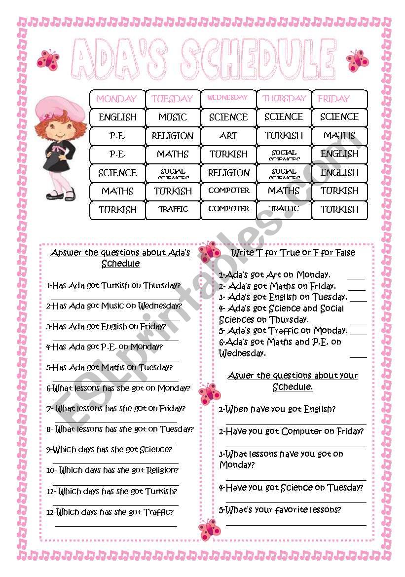 AdaÂ´s Schedule worksheet