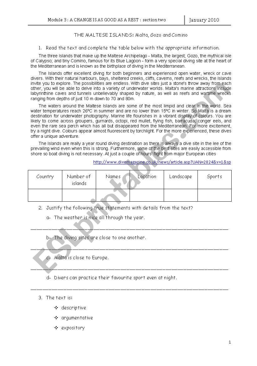 Visiting Malta worksheet