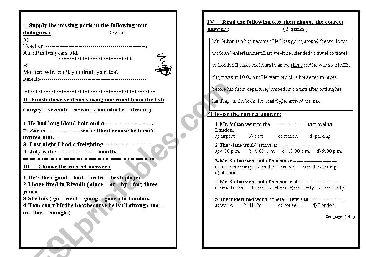 A sample test for fourth grade