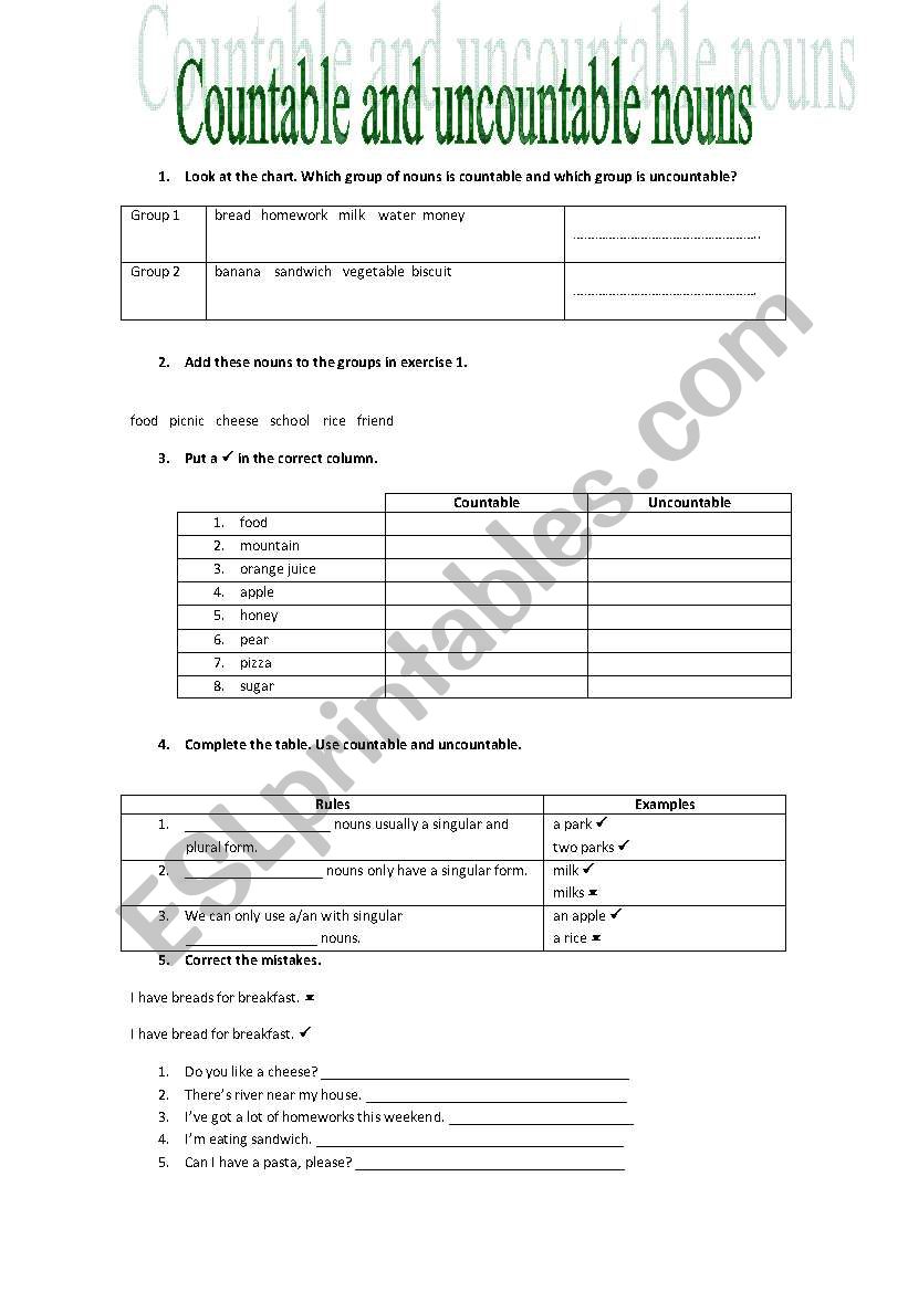 Countable and Uncountable worksheet