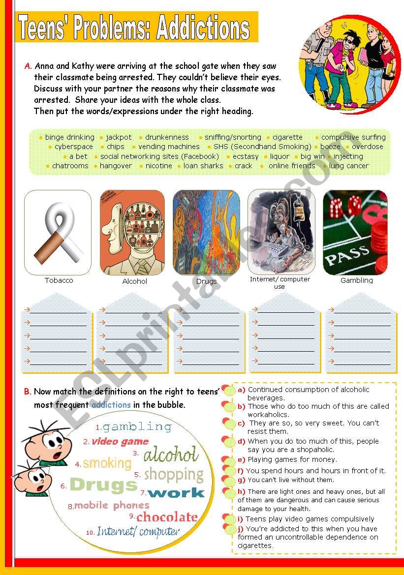 TeensÂ´ problems:  Addictions  -  Vocabulary Input on the topic for Intermediate students