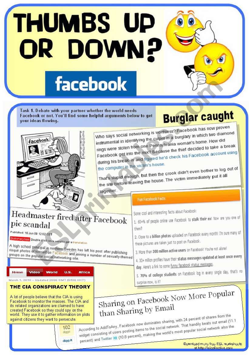 Facebook: Thumbs Up or Down? (4 pages. Debate/Discussion+Vocab practice)