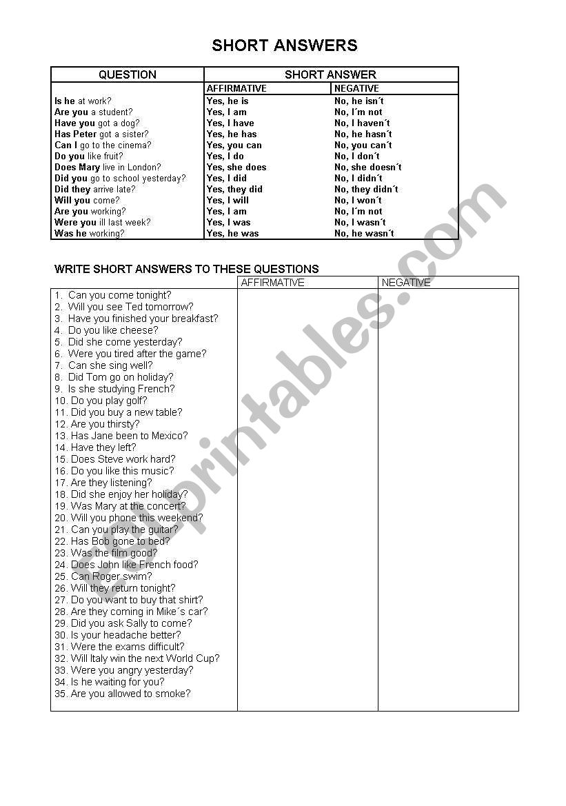 SHORT ANSWERS worksheet