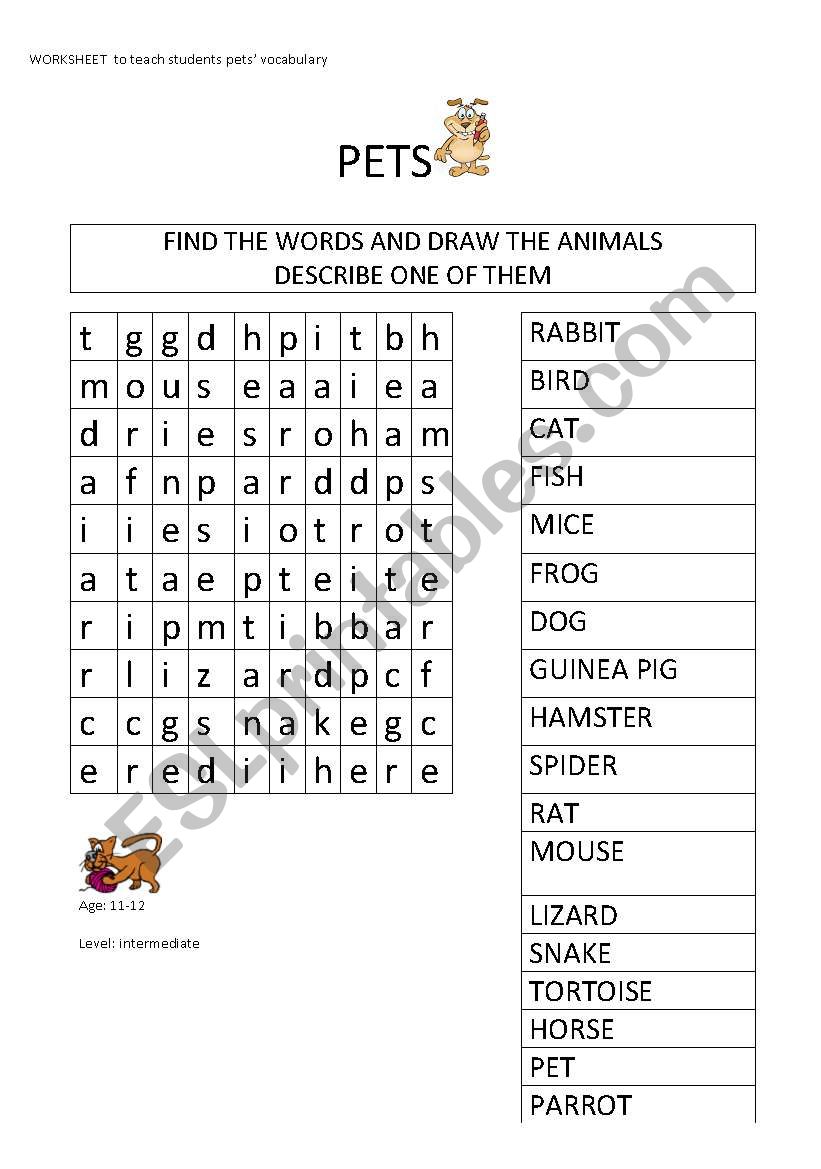 pets wordsearch worksheet