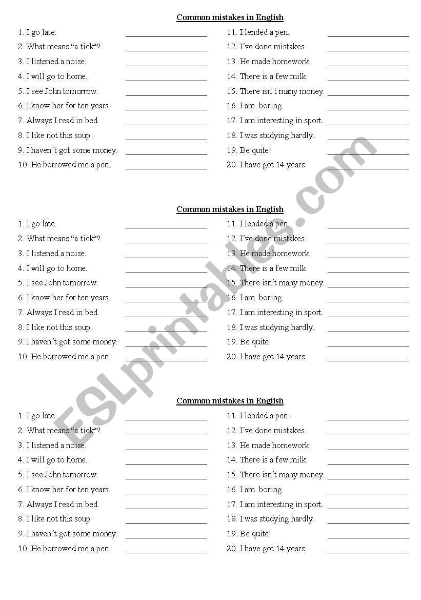 Common mistakes in English worksheet