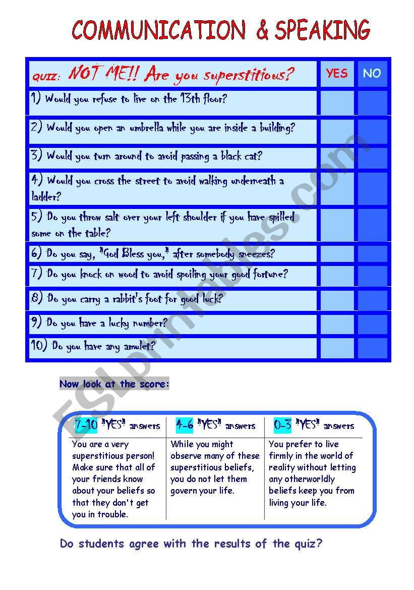 SUPERSTITION TEST worksheet