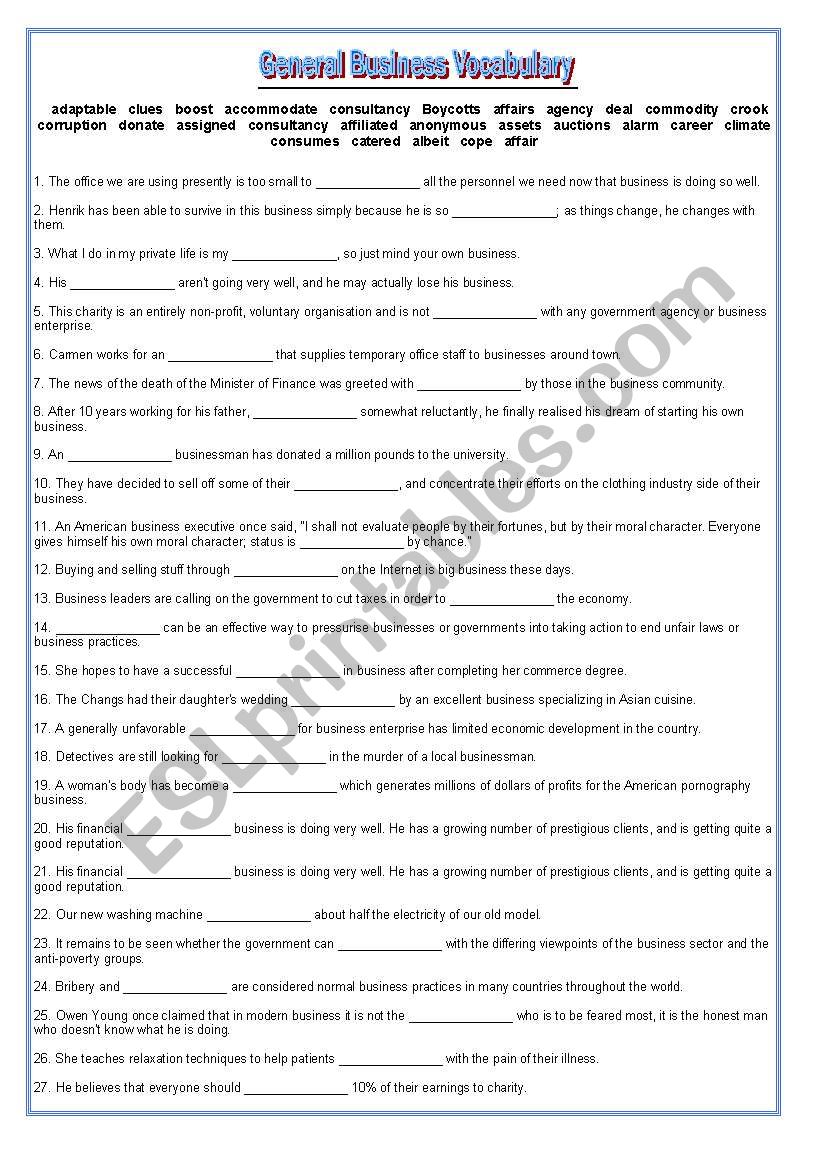 Business Vocabulary worksheet