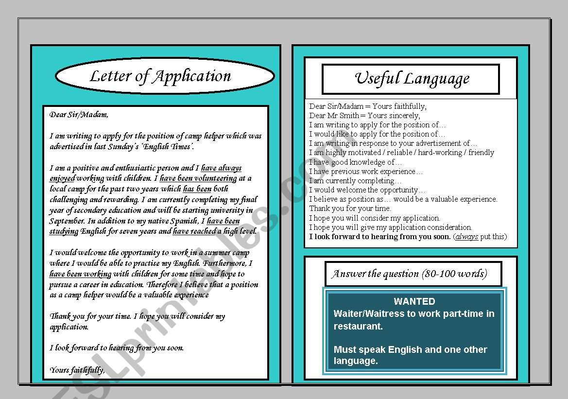 Letter of Application Intermediate Writing Guide Homework Sheet