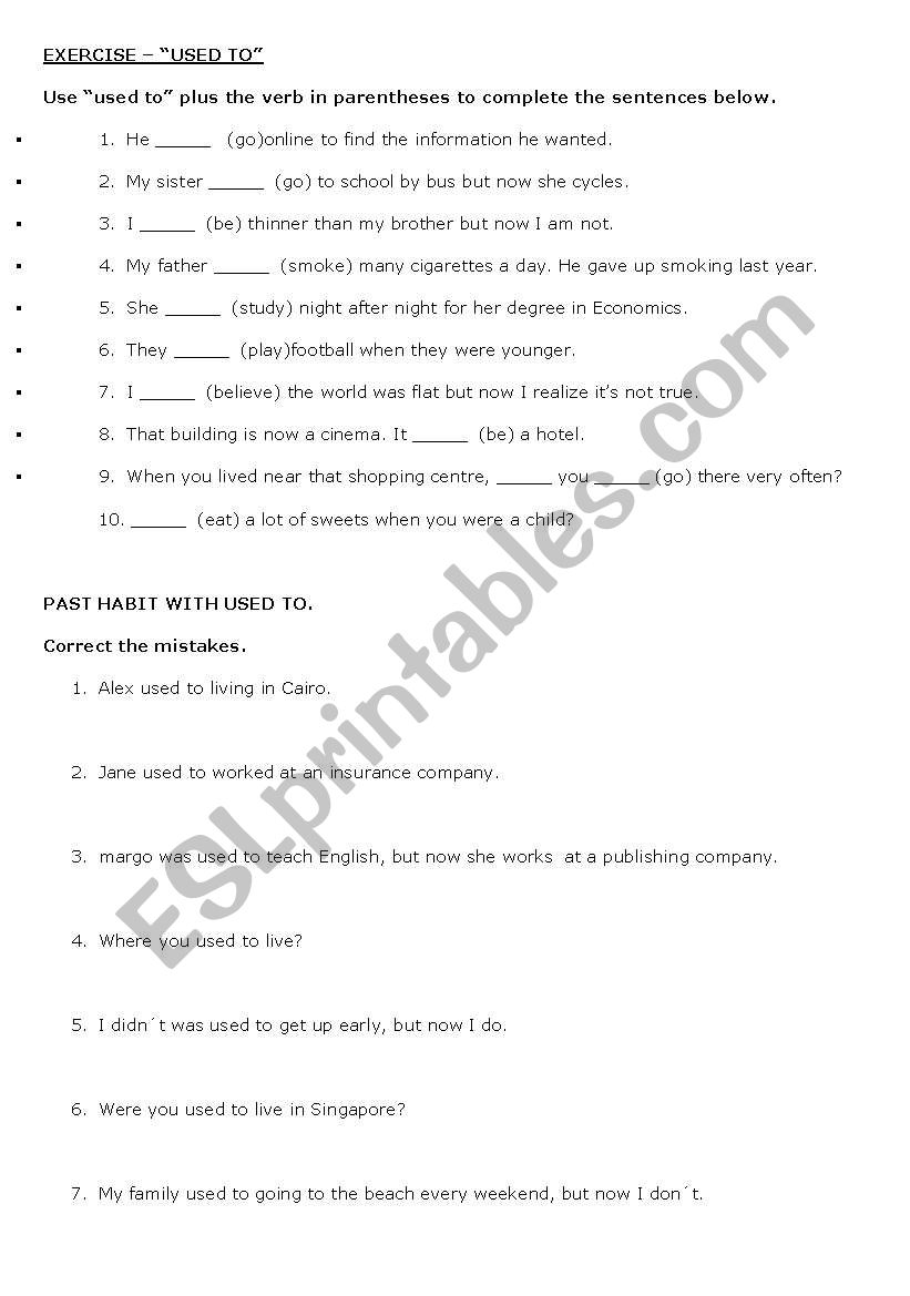 Used to exercises worksheet